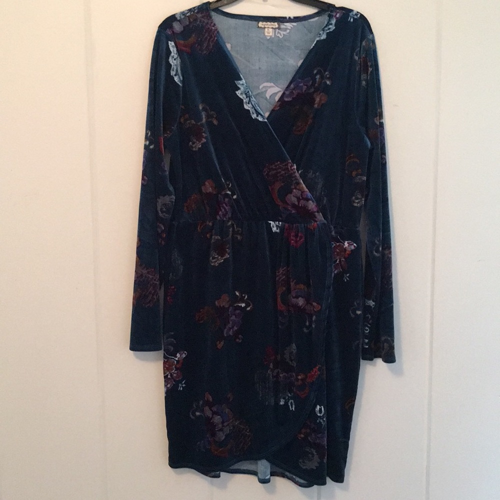 Deep Teal Floral Stretch Velvet Faux Wrap Dress